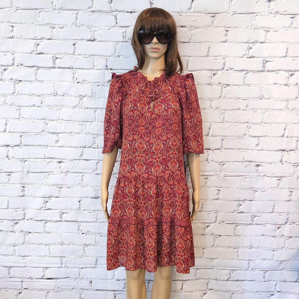 NWT!!! MAX STUDIO, Boho burgundy long sleeve floral pattern dress, size: large - Picture 6 of 15